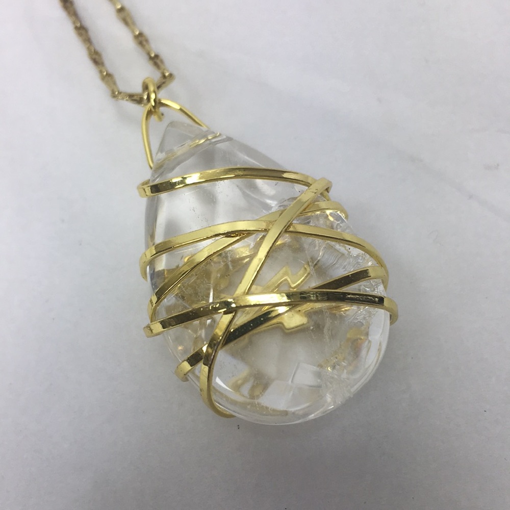 Sapanyu Necklace Hand Carved Clear Quartz Teardrop pendant gold plated 30" chain